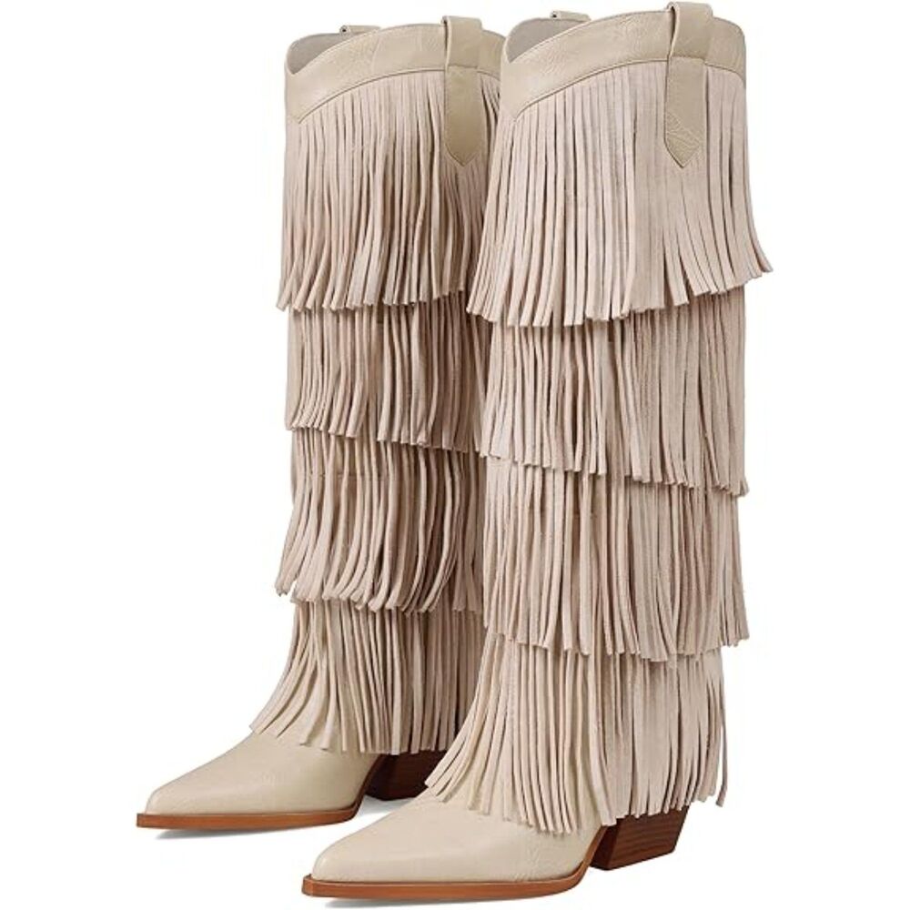 Women's Beige Knee High Chunky Heel Pointed Toe Slip on Wide Calf Cowgirl Boot